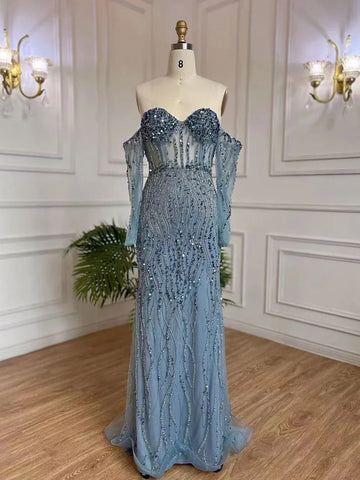 Robe de soirée élégante grise à bretelles spaghetti et perles, style sirène, idéale pour un mariage, collection 2025, LA71650 