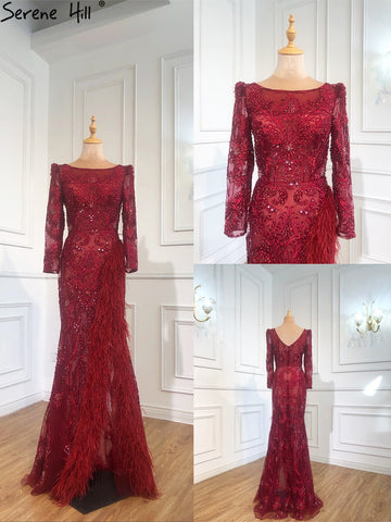 Grey Mermaid Split Luxury Evening Dresses Gowns 2025 Elegant Beadings Feathers Formal Women Party LA70828