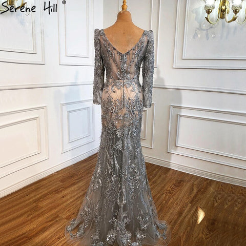 Grey Mermaid Split Luxury Evening Dresses Gowns 2025 Elegant Beadings Feathers Formal Women Party LA70828