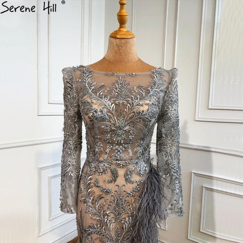 Grey Mermaid Split Luxury Evening Dresses Gowns 2025 Elegant Beadings Feathers Formal Women Party LA70828
