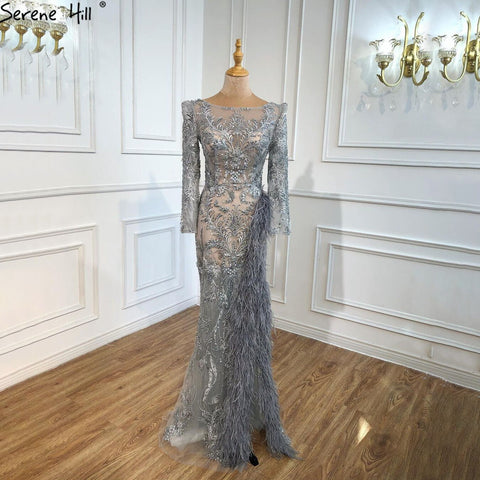 Grey Mermaid Split Luxury Evening Dresses Gowns 2025 Elegant Beadings Feathers Formal Women Party LA70828