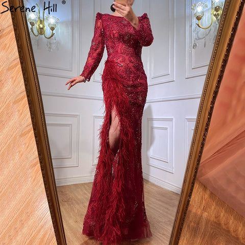 Grey Mermaid Split Luxury Evening Dresses Gowns 2025 Elegant Beadings Feathers Formal Women Party LA70828