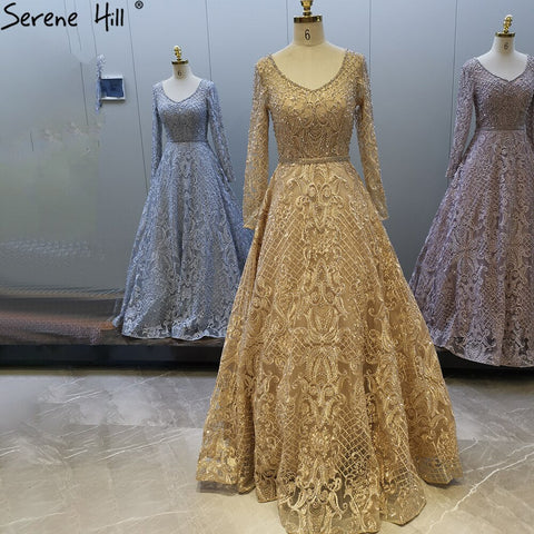 Robe de soirée longue grise en dentelle et perles pour femme, style musulman, coupe trapèze, luxueuse, modèle LA71472, 2025 