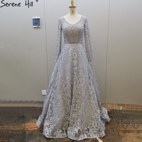 Robe de soirée longue grise en dentelle et perles pour femme, style musulman, coupe trapèze, luxueuse, modèle LA71472, 2025 
