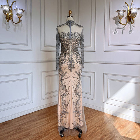 Grey Nude Elegant Mermaid Sexy Lace Beaded Luxury Evening Dresses Gowns For Women Arabic Party 2025 LA71837