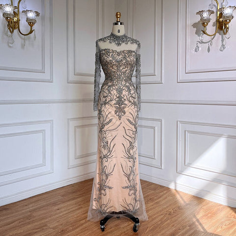 Grey Nude Elegant Mermaid Sexy Lace Beaded Luxury Evening Dresses Gowns For Women Arabic Party 2025 LA71837