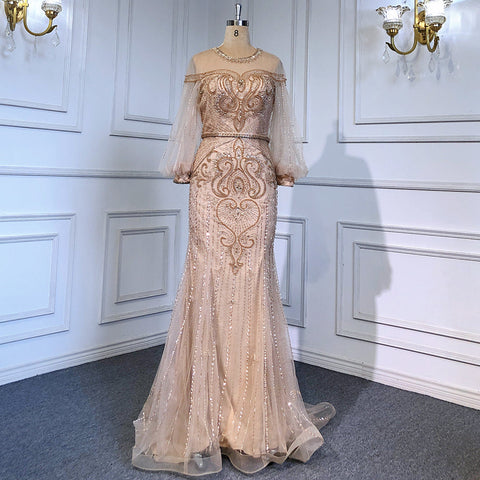 Grey Nude Luxury Evening Dresses Gowns 2025 Beaded Lantern Sleeve Mermaid Elegant For Women Party LA71603