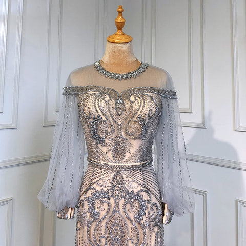 Grey Nude Luxury Evening Dresses Gowns 2025 Beaded Lantern Sleeve Mermaid Elegant For Women Party LA71603