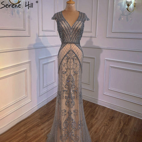 Grey Nude Mermaid Elagant Luxury Evening Gowns 2025 Beading Backless Sexy For Women Party  LA70799