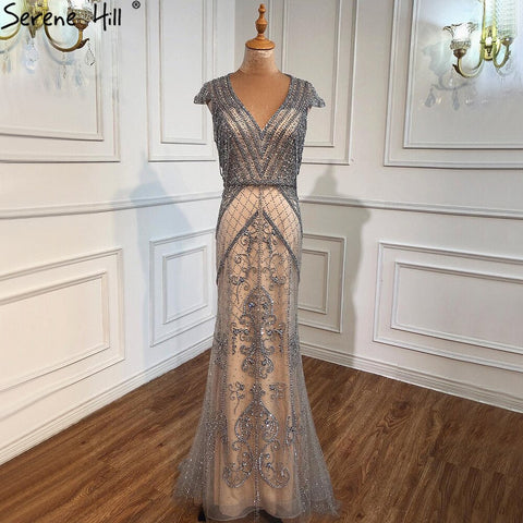 Grey Nude Mermaid Elagant Luxury Evening Gowns 2025 Beading Backless Sexy For Women Party  LA70799