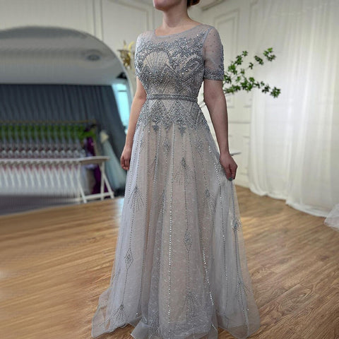 Robe de soirée trapèze grise à col rond et manches courtes, luxueuse robe de soirée perlée pour mère de la mariée, 2025, LA72102