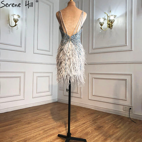 Grey Sleeveless Sexy Short Dresses 2025 Beading Feathers Mermaid Party Cocktail Gowns LA70766