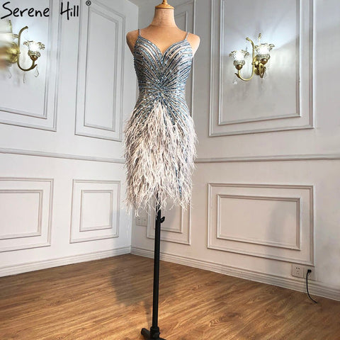 Grey Sleeveless Sexy Short Dresses 2025 Beading Feathers Mermaid Party Cocktail Gowns LA70766