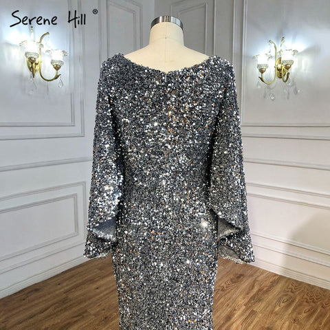 Grey Sliver Luxury Evening Dresses Gowns 2025 Elegant Sexy Flared Sleeves For Woman Party LA71178