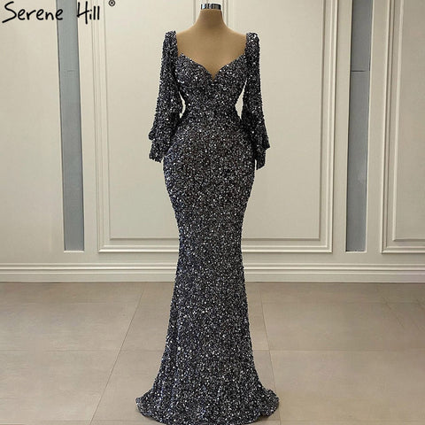 Grey Sliver Luxury Evening Dresses Gowns 2025 Elegant Sexy Flared Sleeves For Woman Party LA71178