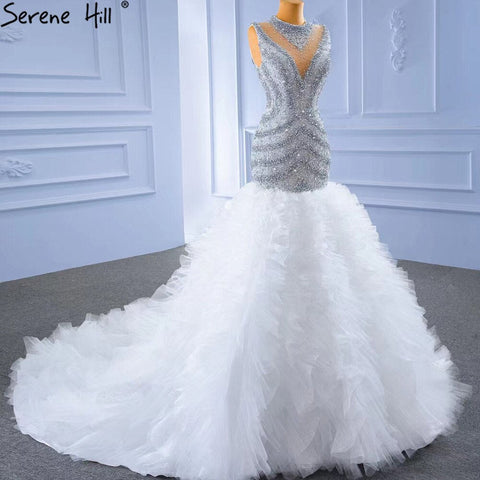 Grey White Mermaid Wedding Dresses 2025 Luxury Beaded Ruffles Elegant Bride Gowns HM67295 Custom Made