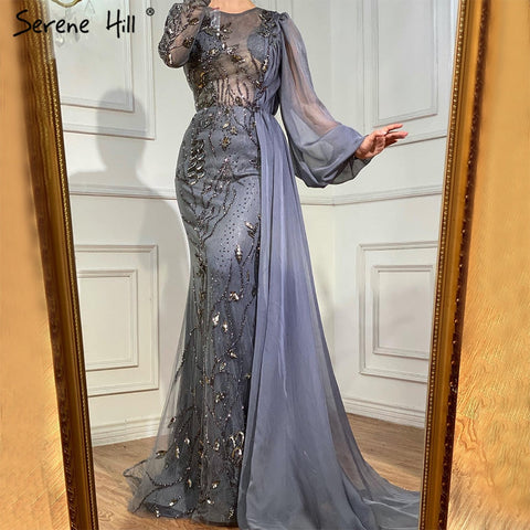 Grey With Overskirt Mermaid Evening Gowns Dresses Luxury Beaded Elegant  For Woman Party LA71066