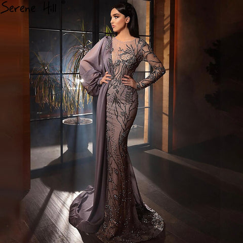 Grey With Overskirt Mermaid Evening Gowns Dresses Luxury Beaded Elegant  For Woman Party LA71066