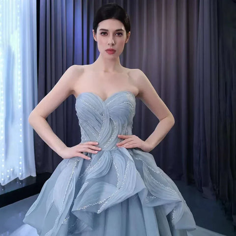 High End Custom Made Gray Blue Strapless Lace Up Beaded Luxury Ball Gown Bride Gowns Wedding Dress HM231064