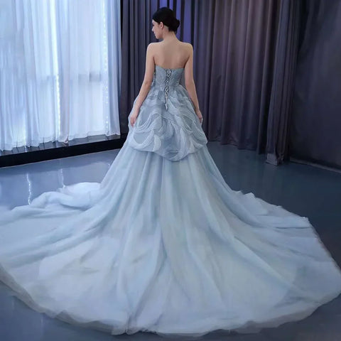 High End Custom Made Gray Blue Strapless Lace Up Beaded Luxury Ball Gown Bride Gowns Wedding Dress HM231064