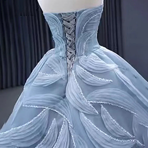 High End Custom Made Gray Blue Strapless Lace Up Beaded Luxury Ball Gown Bride Gowns Wedding Dress HM231064
