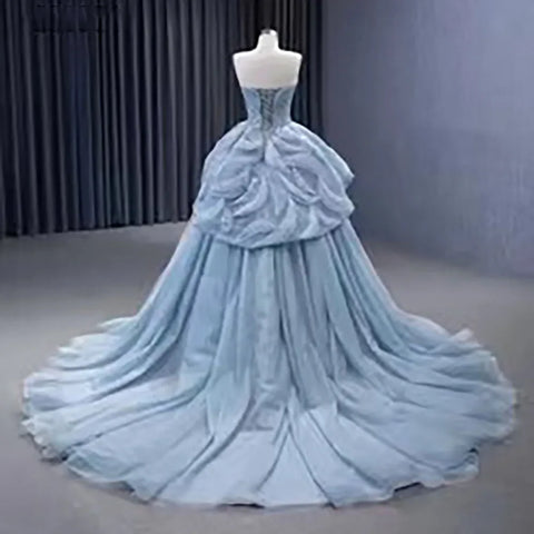 High End Custom Made Gray Blue Strapless Lace Up Beaded Luxury Ball Gown Bride Gowns Wedding Dress HM231064