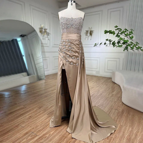 High Split With Skirt Mermaid Nude Sexy Strapless CRYSTAL Beaded Evening Dresses Gowns For Women Party 2025 LA72135
