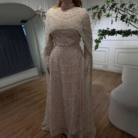 Hijab Muslim Nude A Line Long Cape Hijab Luxury Dubai Evening Dresses Gowns 2025 For Women Wedding Party LA72032B