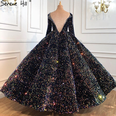 Indigo Blue Gold Luxury Wedding Dresses 2025 Sequined Long Sleeves Bride Dress Plus Size Women HA2466 Custom Made