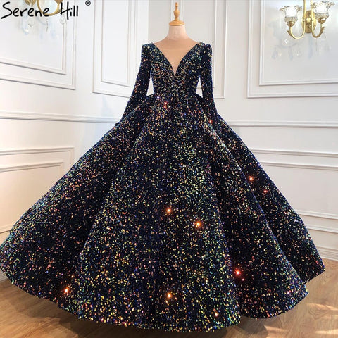 Indigo Blue Gold Luxury Wedding Dresses 2025 Sequined Long Sleeves Bride Dress Plus Size Women HA2466 Custom Made