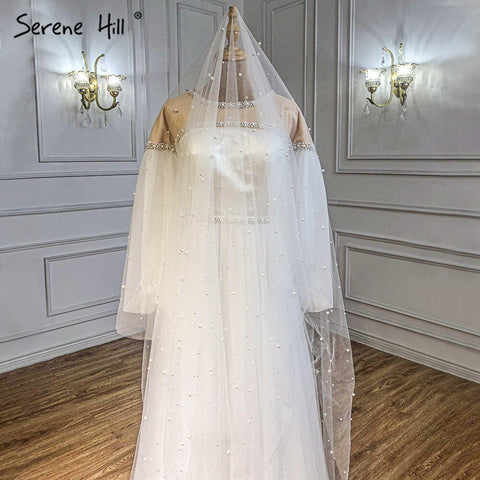 Ivory A-Line Sexy Evening Dresses Gowns 2025 Beaded Pearl Lantern Sleeve For Women Party LA71190