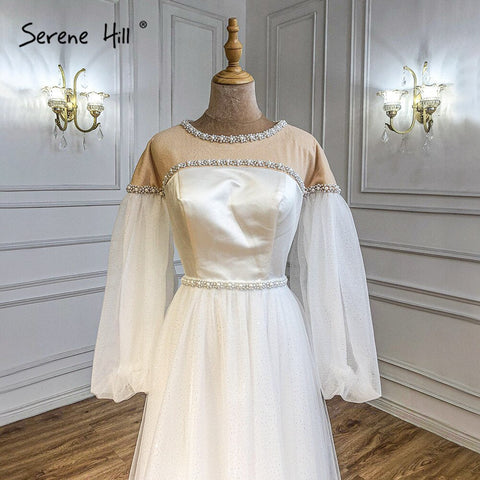 Ivory A-Line Sexy Evening Dresses Gowns 2025 Beaded Pearl Lantern Sleeve For Women Party LA71190