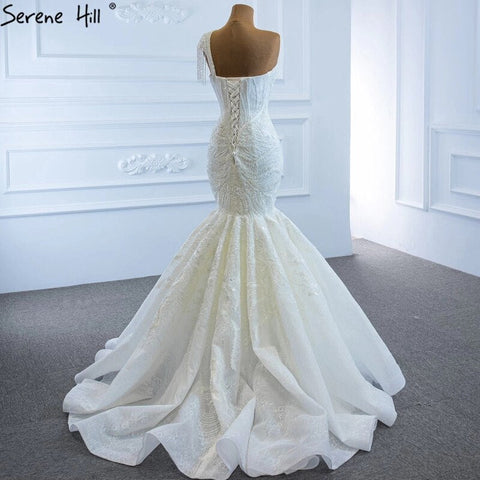 Ivory Mermaid Vintage Wedding Dresses 2025 One Shoulder Beading Lace Sexy High-end Bridal Gown HM67187