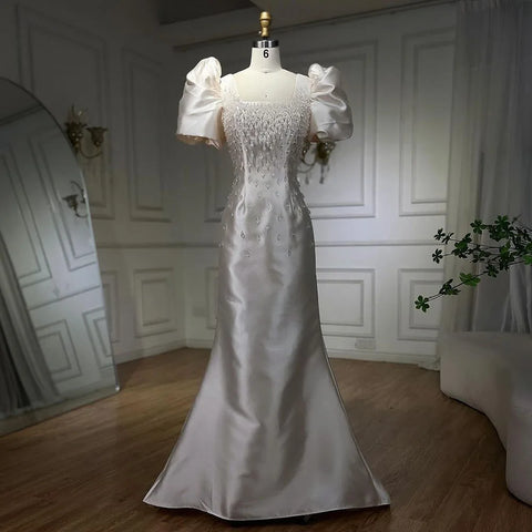 Ivory Satin Mermaid Strapless Puff Sleeves Crystal Beaded Evening Dresses Gowns For Women Wedding Party 2025 LA72217