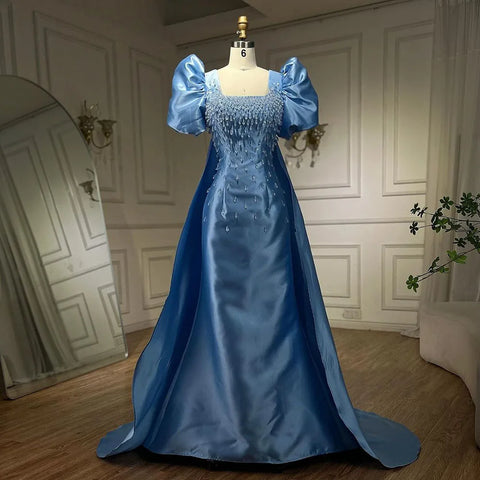 Ivory Satin Mermaid Strapless Puff Sleeves Crystal Beaded Evening Dresses Gowns For Women Wedding Party 2025 LA72217