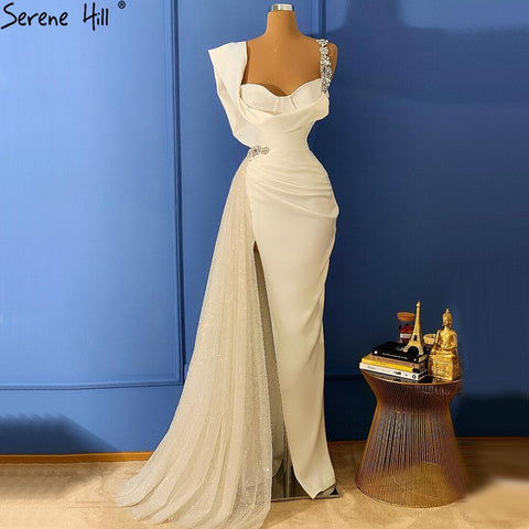 Ivory Satin Split Evening Dresses Gowns 2025 One Shoulder Beading Sexy For Women Party LA70886