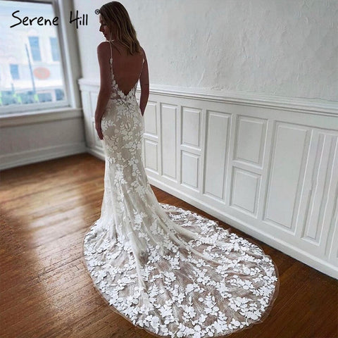 Ivory Spaghetti Strap Mermaid Wedding Dresses 2025 Lace Backless Sexy Bridal Gowns LA70431
