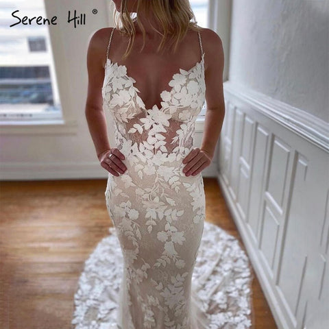 Ivory Spaghetti Strap Mermaid Wedding Dresses 2025 Lace Backless Sexy Bridal Gowns LA70431