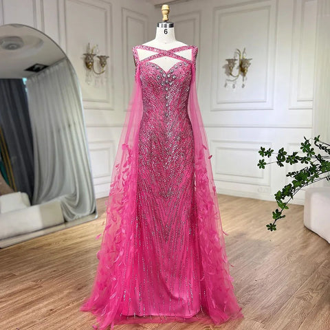 Ladies Wedding Party Elegant Fuchsia Mermaid Long Dress with Cape Sleeves Beading Feather Embellishments 2025 LA72286