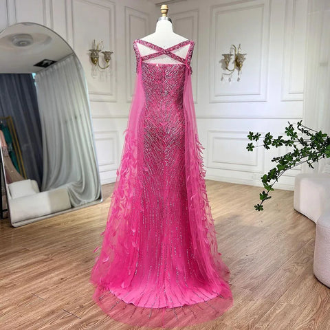 Ladies Wedding Party Elegant Fuchsia Mermaid Long Dress with Cape Sleeves Beading Feather Embellishments 2025 LA72286
