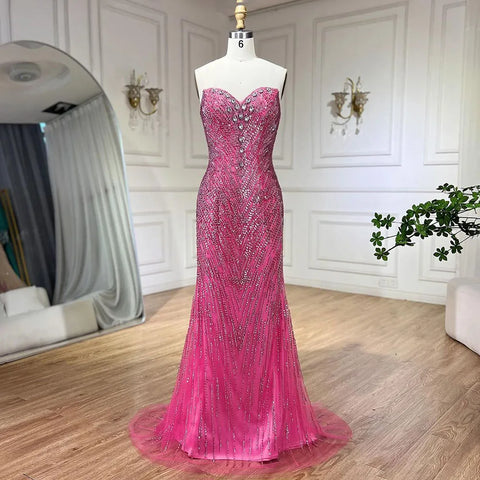 Ladies Wedding Party Elegant Fuchsia Mermaid Long Dress with Cape Sleeves Beading Feather Embellishments 2025 LA72286