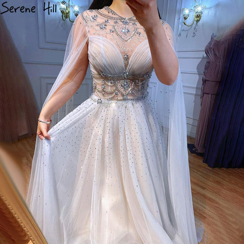 Light Grey Luxury A-Line Evening Dresses Gowns 2025 Diamond Beaded Cape Sleeves For Women Party LA70892