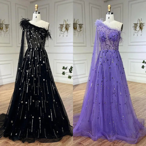 Lilac A Line One Shoulder Cape Sleeves Feathers Beaded Luxury Evening Dresses Gowns for Women Wedding Party LA72503A