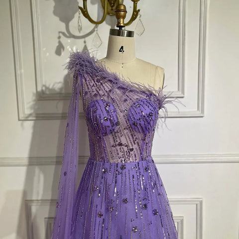 Lilac A Line One Shoulder Cape Sleeves Feathers Beaded Luxury Evening Dresses Gowns for Women Wedding Party LA72503A