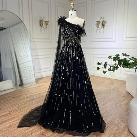 Lilac A Line One Shoulder Cape Sleeves Feathers Beaded Luxury Evening Dresses Gowns for Women Wedding Party LA72503A