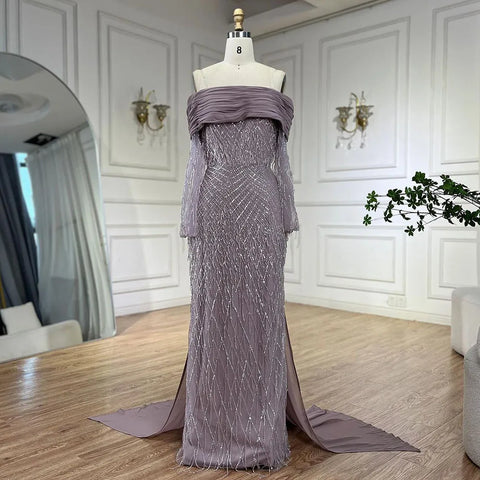Luxury Tassel Lilac Off Shoulder Evening Dress with Cape LA72374