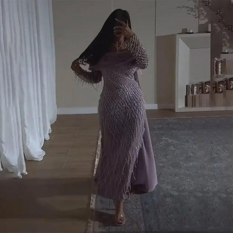 Luxury Tassel Lilac Off Shoulder Evening Dress with Cape LA72374