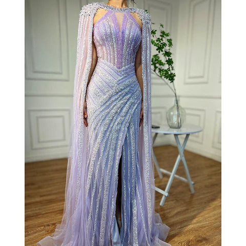 Luxury Crystal Yellow Evening Dress with Cape Sleeves LA72085