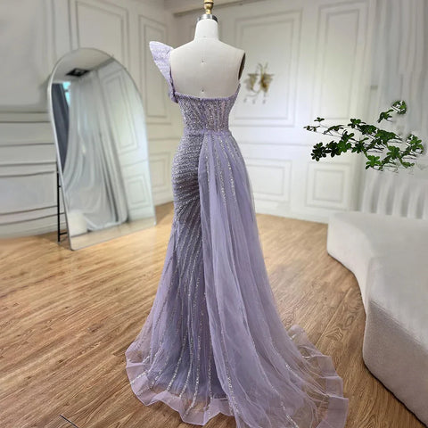 Lilac One Shoulder High Split Beaded Mermaid Evening Dress Gown LA72277