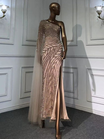 Lilac High Split Mermaid Elegant Sexy One Shoulder Evening Dresses Gowns Luxury Beaded 2025 For Women Party LA71493